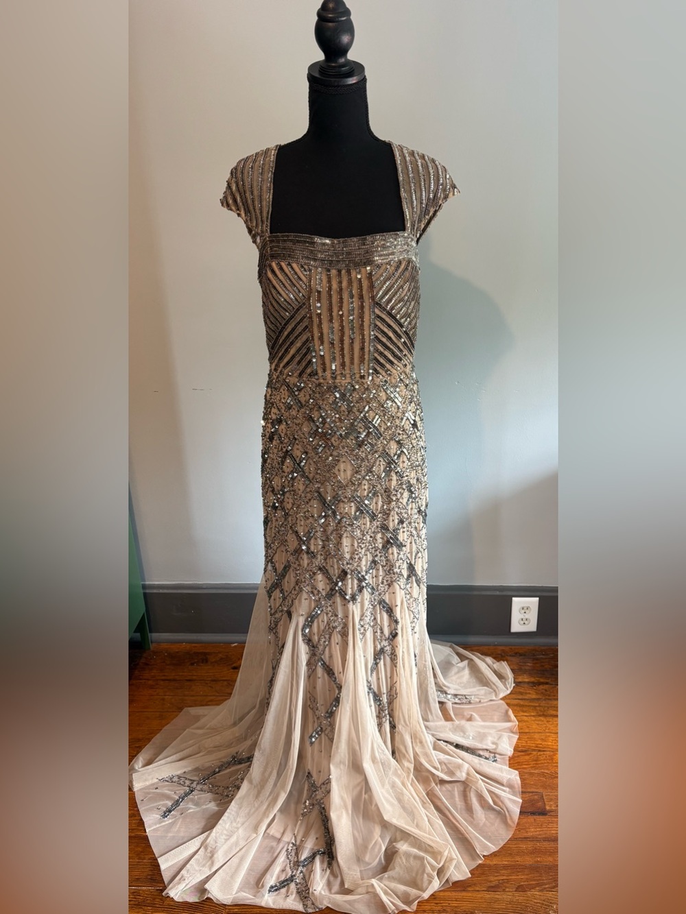 Adrianna Papell Champagne and Silver Beaded Maxi Gown size 12 NWT